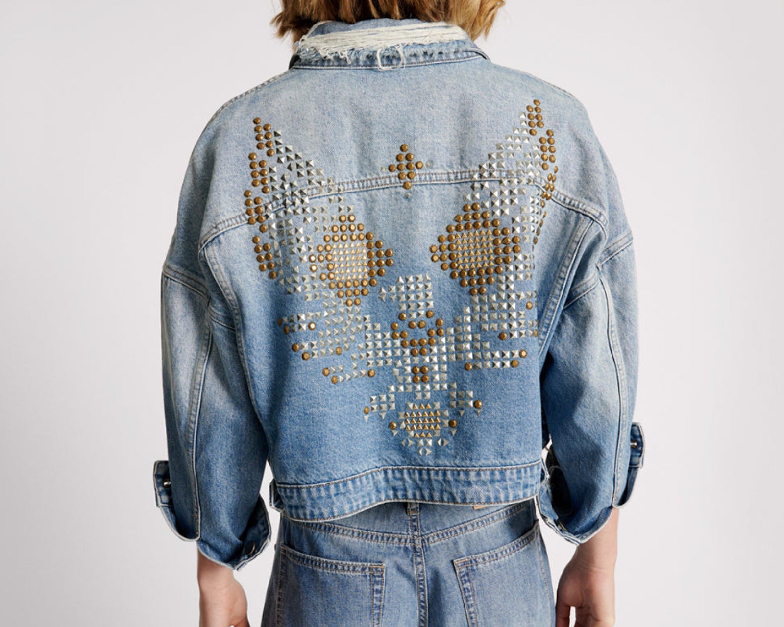 Studded Cropped Denim Jacket - Faded Blue