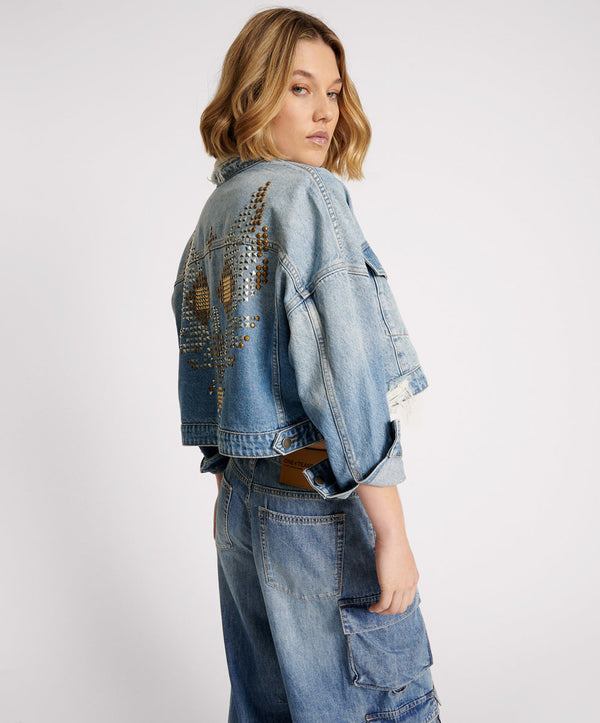 Studded Cropped Denim Jacket - Faded Blue