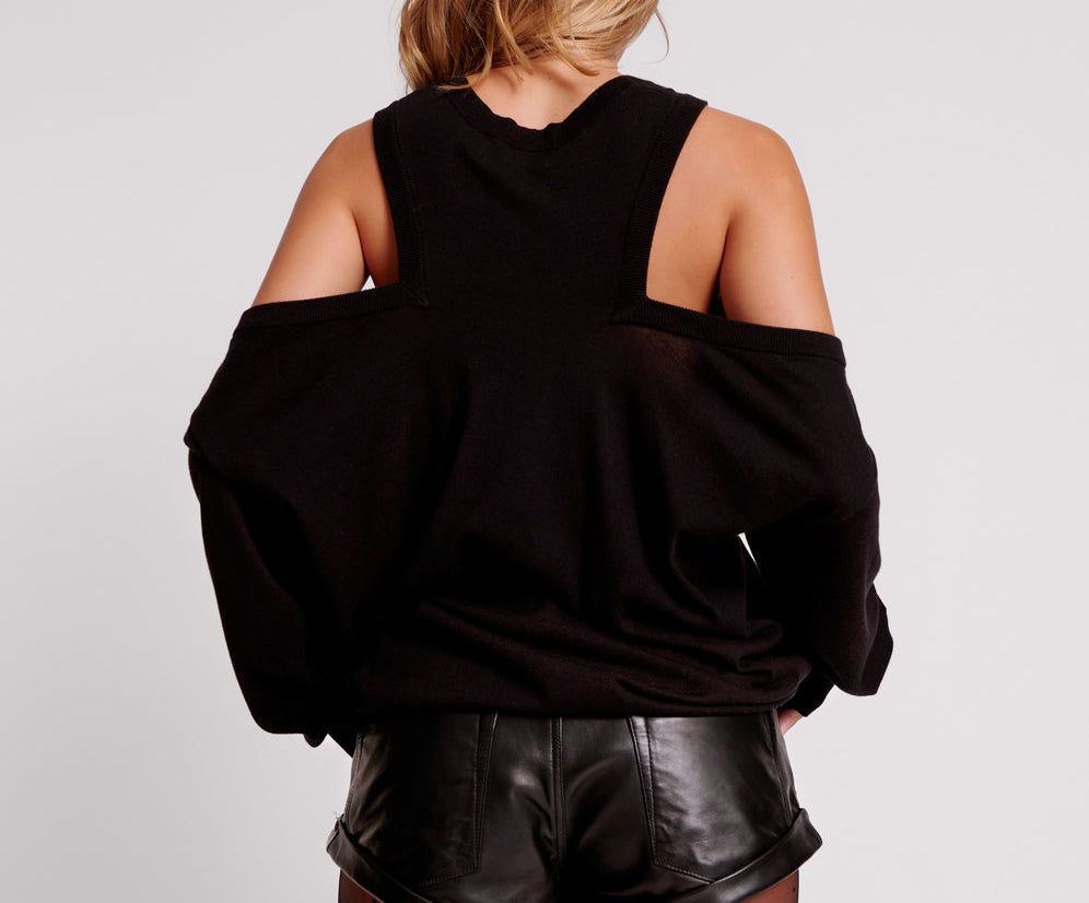 BLACK COLD SHOULDER CUT OUT SLOUCH LONG SLEEVE KNIT