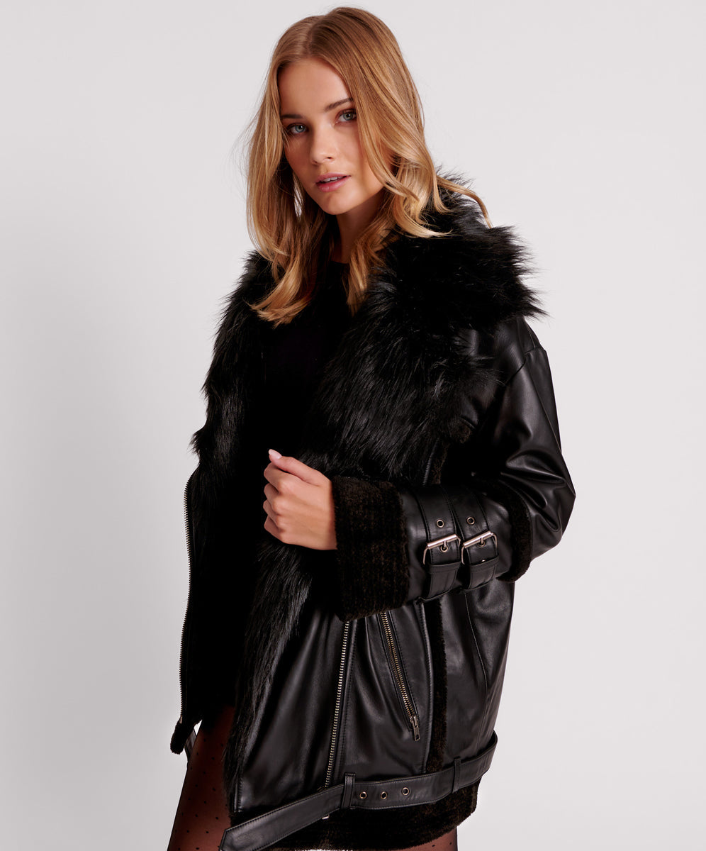 Products Leather Faux Fur Aviator Jacket - Black