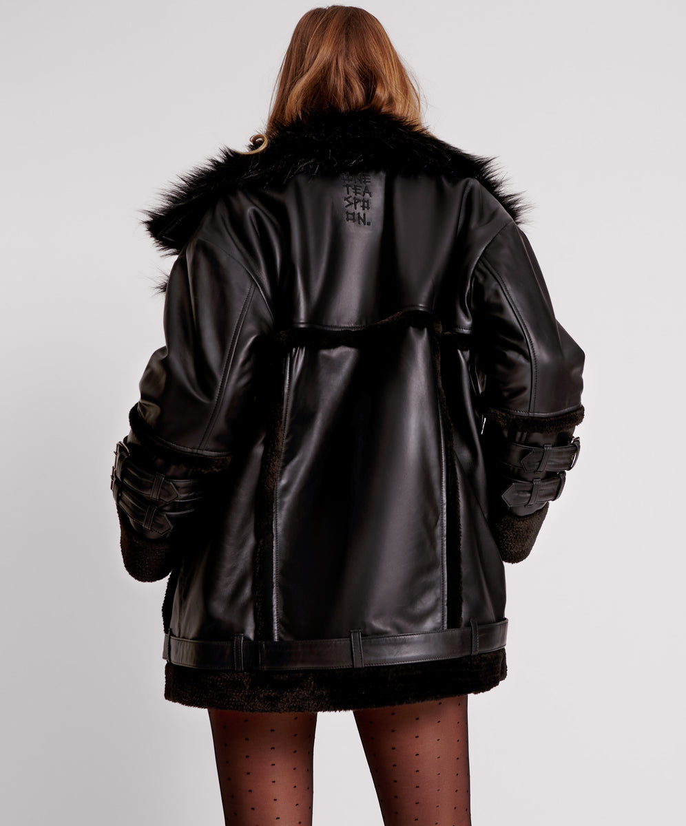 Products Leather Faux Fur Aviator Jacket - Black