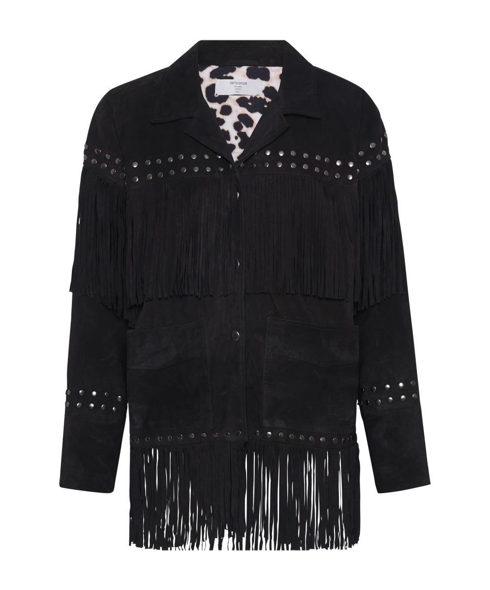 Gothic Rodeo Fringed Suede Leather Studded Jacket - Black