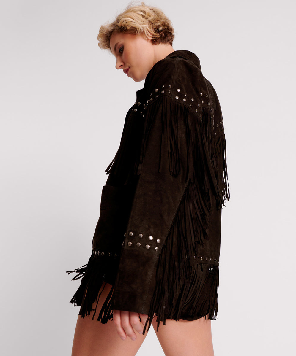 Gothic Rodeo Fringed Suede Studded Jacket - Black | One