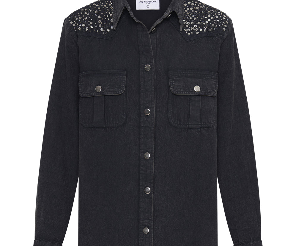 BLACK HAND EMBELLISHED DENIM WESTERN SHIRT