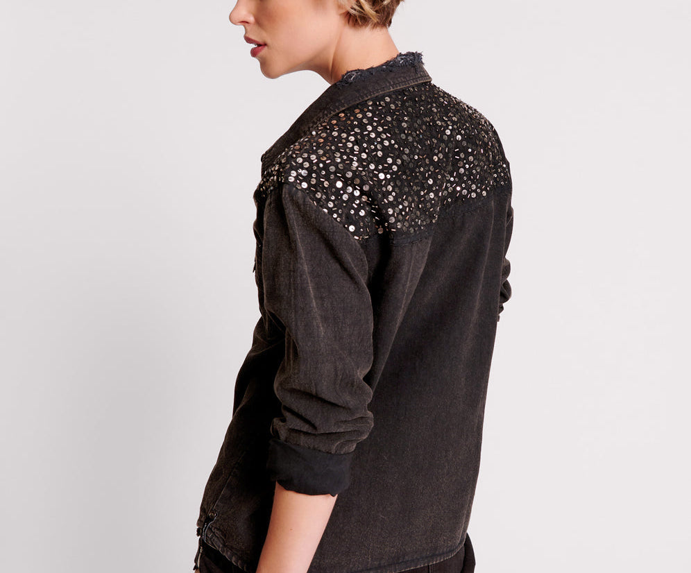 BLACK HAND EMBELLISHED DENIM WESTERN SHIRT