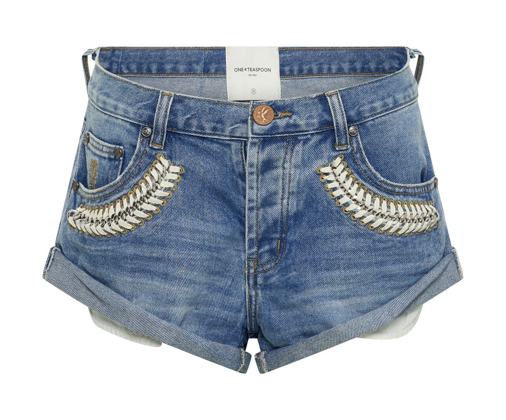 BLUE RAPTURE CHAINED BANDITS LOW WAIST DENIM SHORTS