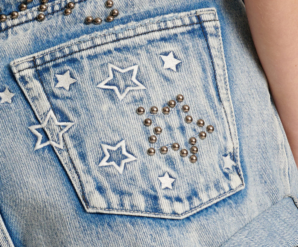 Bandits High Waist Studded Denim Shorts - Salty Dog Blue