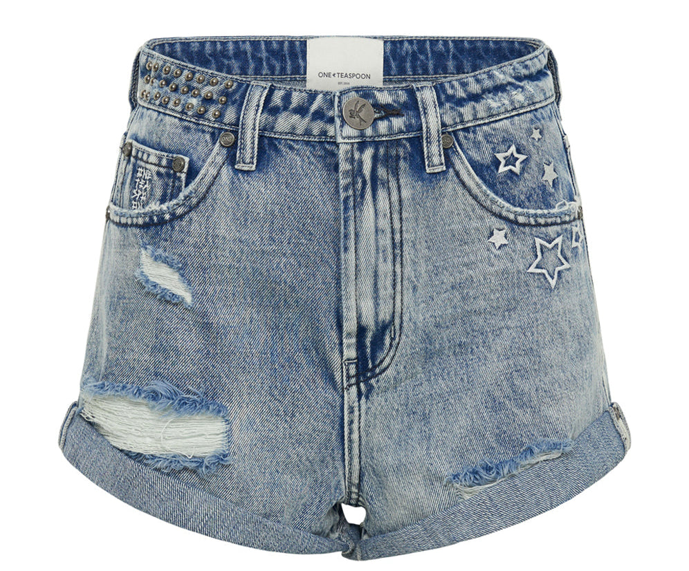 Bandits High Waist Studded Denim Shorts - Salty Dog Blue