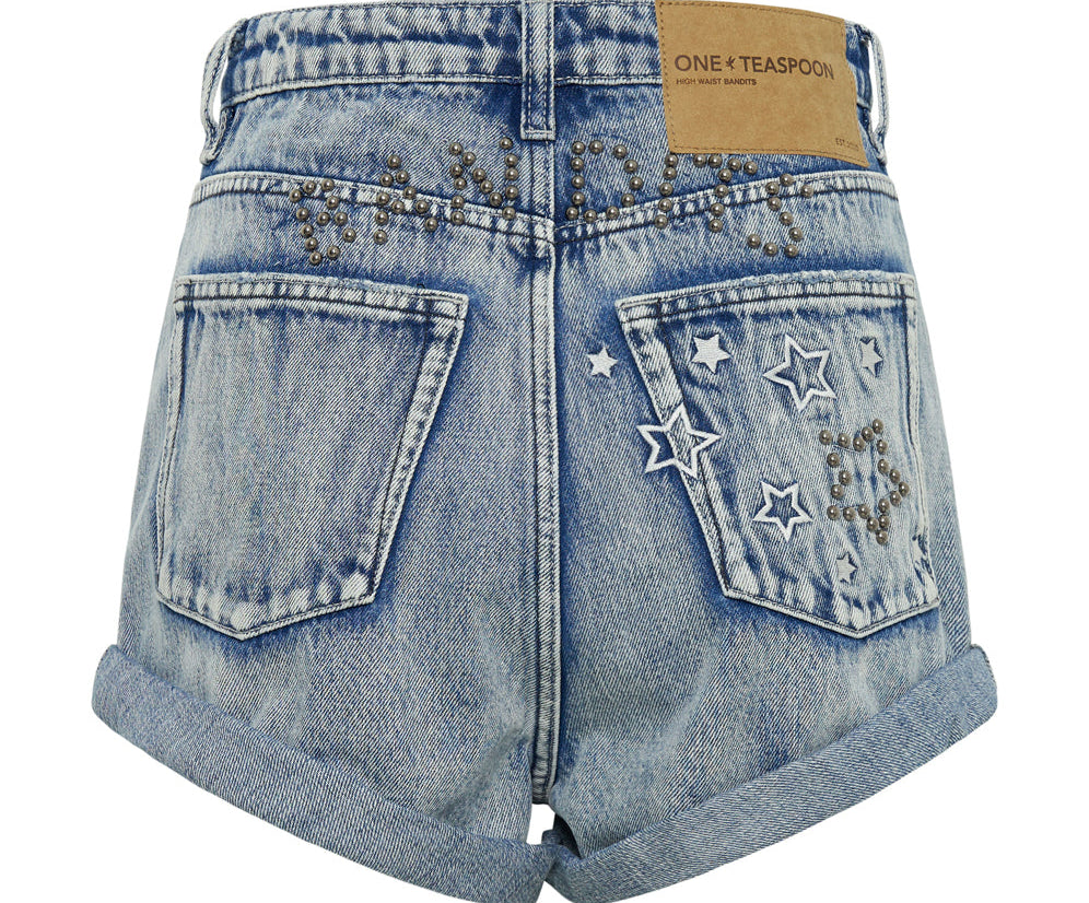 Bandits High Waist Studded Denim Shorts - Salty Dog Blue