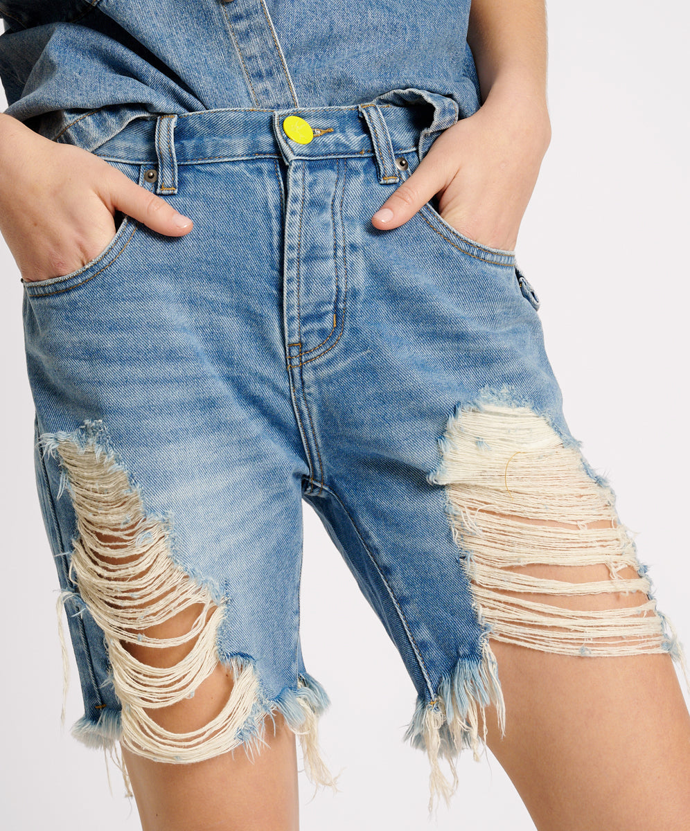 Pleasures Stevies High Waist Long Length Boyfriend Denim Shorts - Blue Rapture