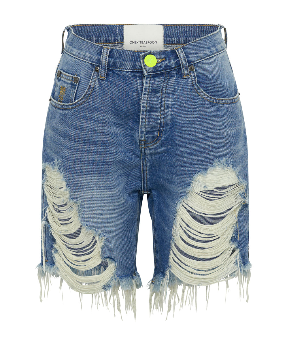 Pleasures Stevies High Waist Long Length Boyfriend Denim Shorts - Blue Rapture