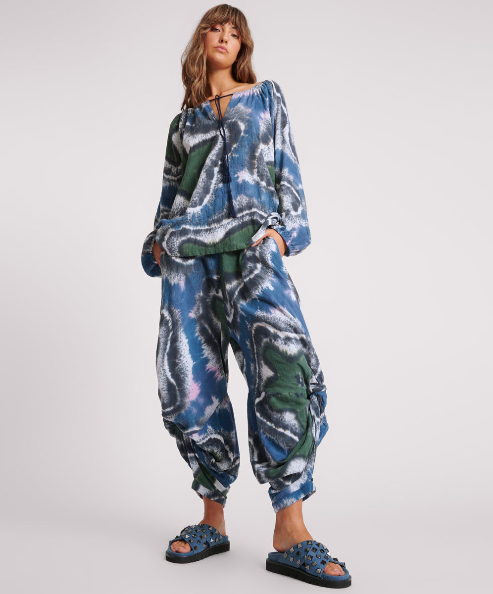 Products HAND PAINTED FLORAL MUSLIN GYPSY PANT