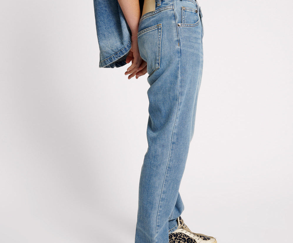 BLUE RAPTURE TRUCKERS LOW WAIST STRAIGHT LEG DENIM JEANS