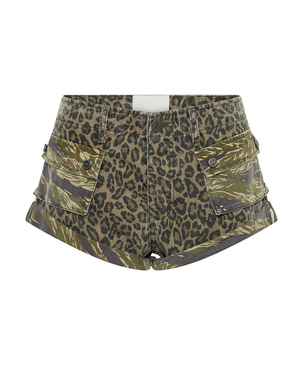 Products Cadet Bandits Low Waist Denim Shorts - Animal Camo Print