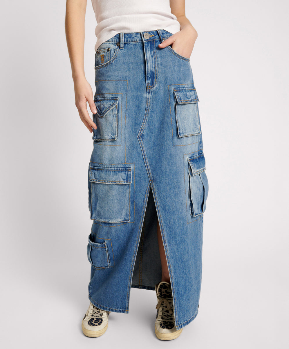 90S Cargo Pocket Column Denim Skirt - Pacifica | One Teaspoon USA