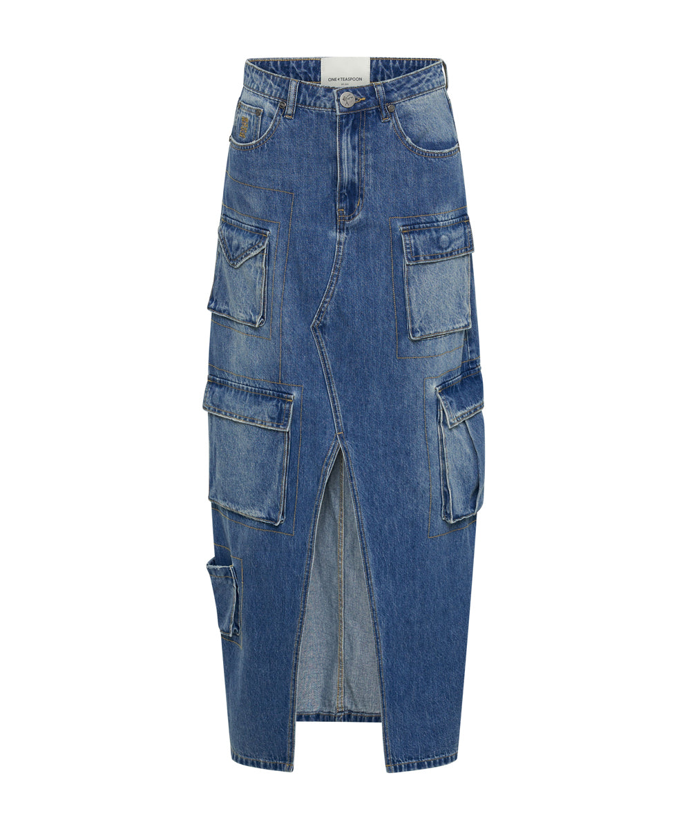 90S Cargo Pocket Column Denim Skirt - Pacifica | One 90S Cargo Pocket Column Denim Skirt - Pacifica | One