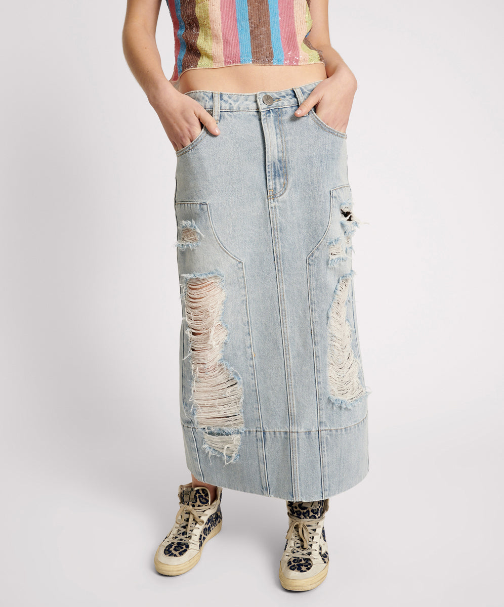 Cassidy Mid Waist Long Denim Column Denim Skirt Fleetwood