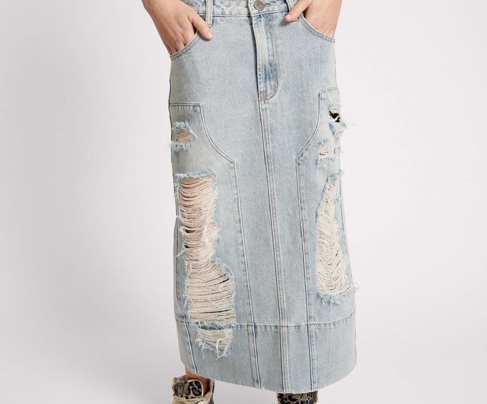 Cassidy Mid Waist Long Denim Column Denim Skirt - Fleetwood