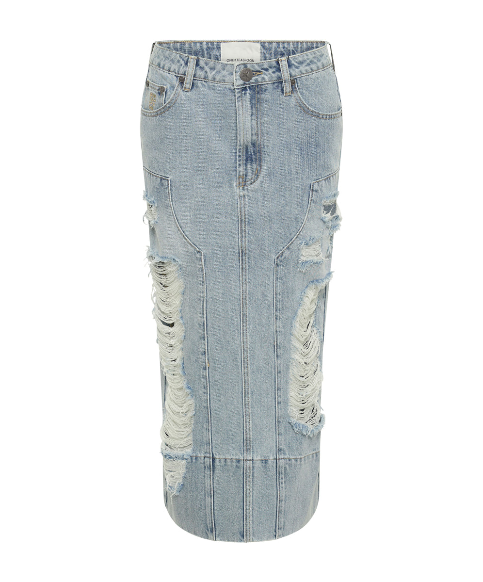 Pleasures Cassidy Mid Waist Long Denim Column Denim Skirt - Fleetwood