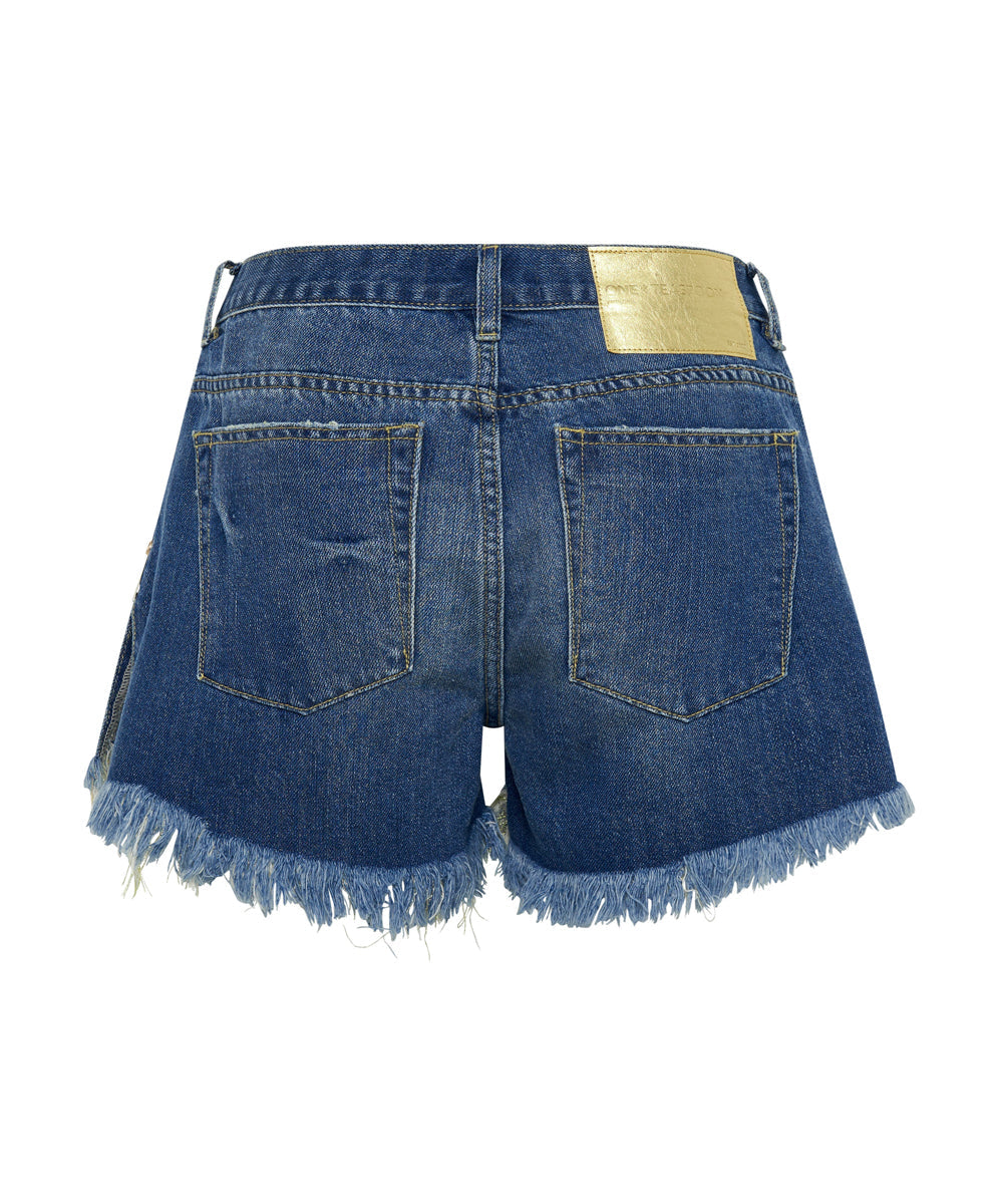 Marlons Low Waist Boyfriend Denim Shorts - Shredded Gold | One