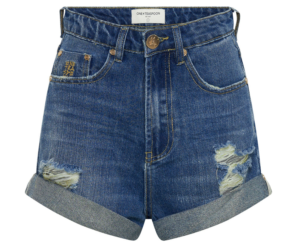 Bandits High Waist Foil Denim Shorts - Blue Shredded Gold