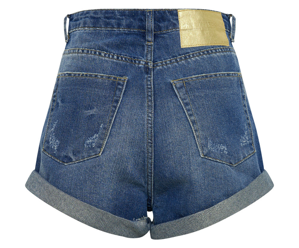 Bandits High Waist Foil Denim Shorts - Blue Shredded Gold