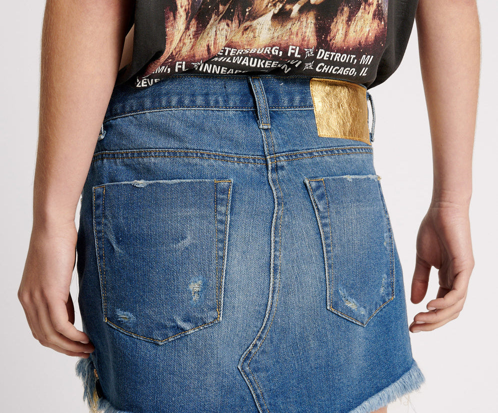 Junkyard Mini Denim Skirt - Shredded Gold