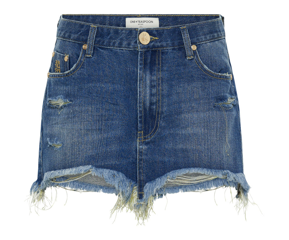 Junkyard Mini Denim Skirt - Shredded Gold