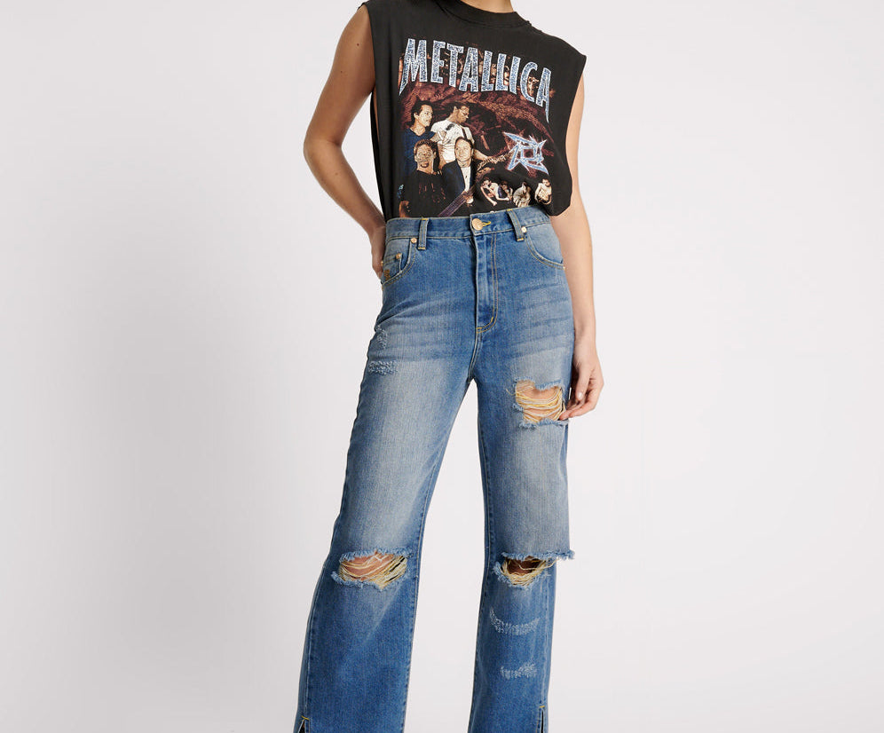 Billie Low Slung Straight Leg Mid Waist Denim Jeans - Shredded Gold