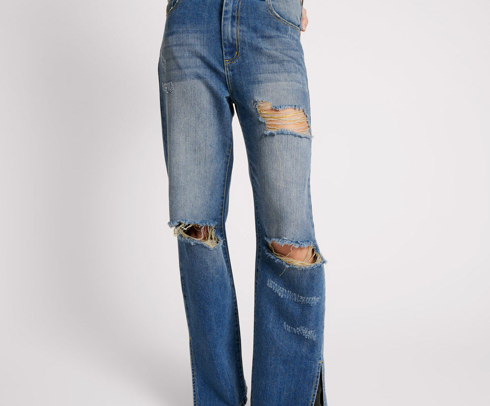 Billie Low Slung Straight Leg Mid Waist Denim Jeans - Shredded Gold
