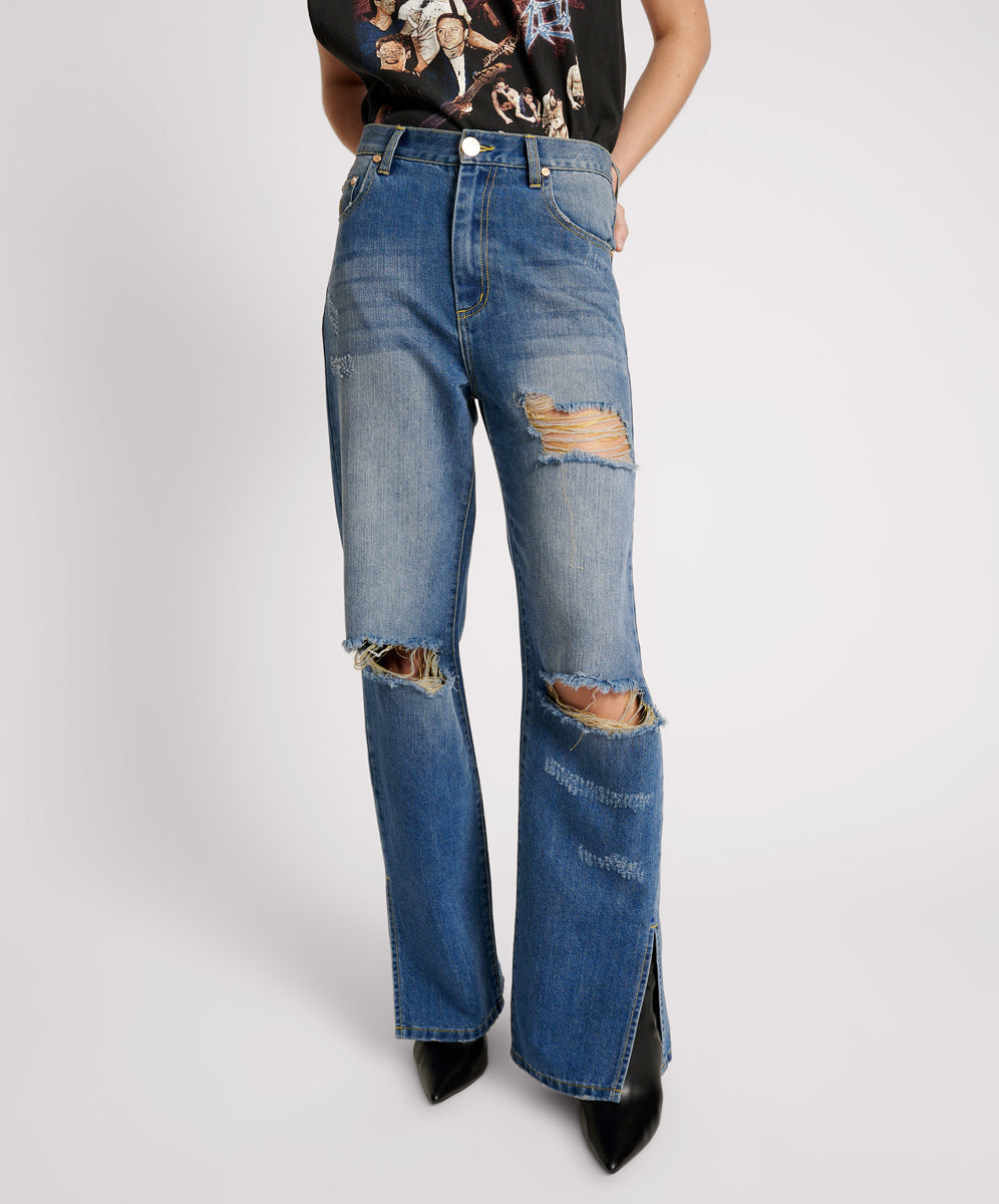 Pleasures Billie Low Slung Straight Leg Mid Waist Denim Jeans - Shredded Gold