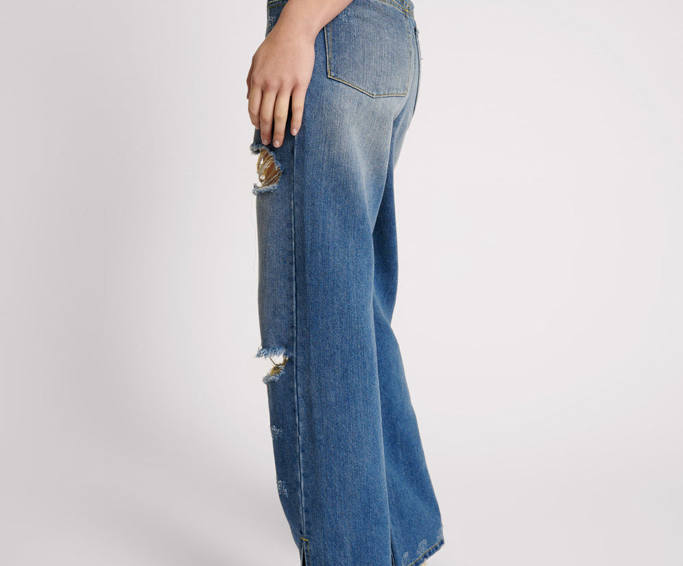 Billie Low Slung Straight Leg Mid Waist Denim Jeans - Shredded Gold