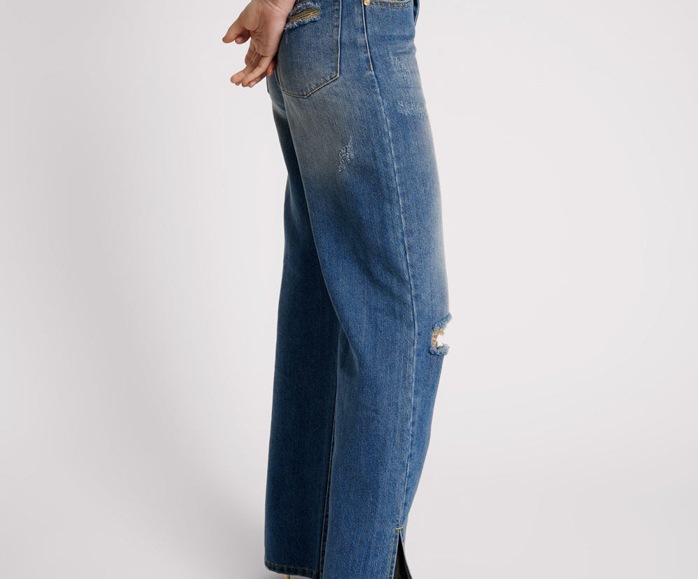 Billie Low Slung Straight Leg Mid Waist Denim Jeans - Shredded Gold