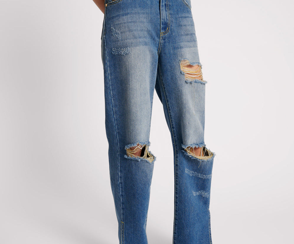 Billie Low Slung Straight Leg Mid Waist Denim Jeans - Shredded Gold