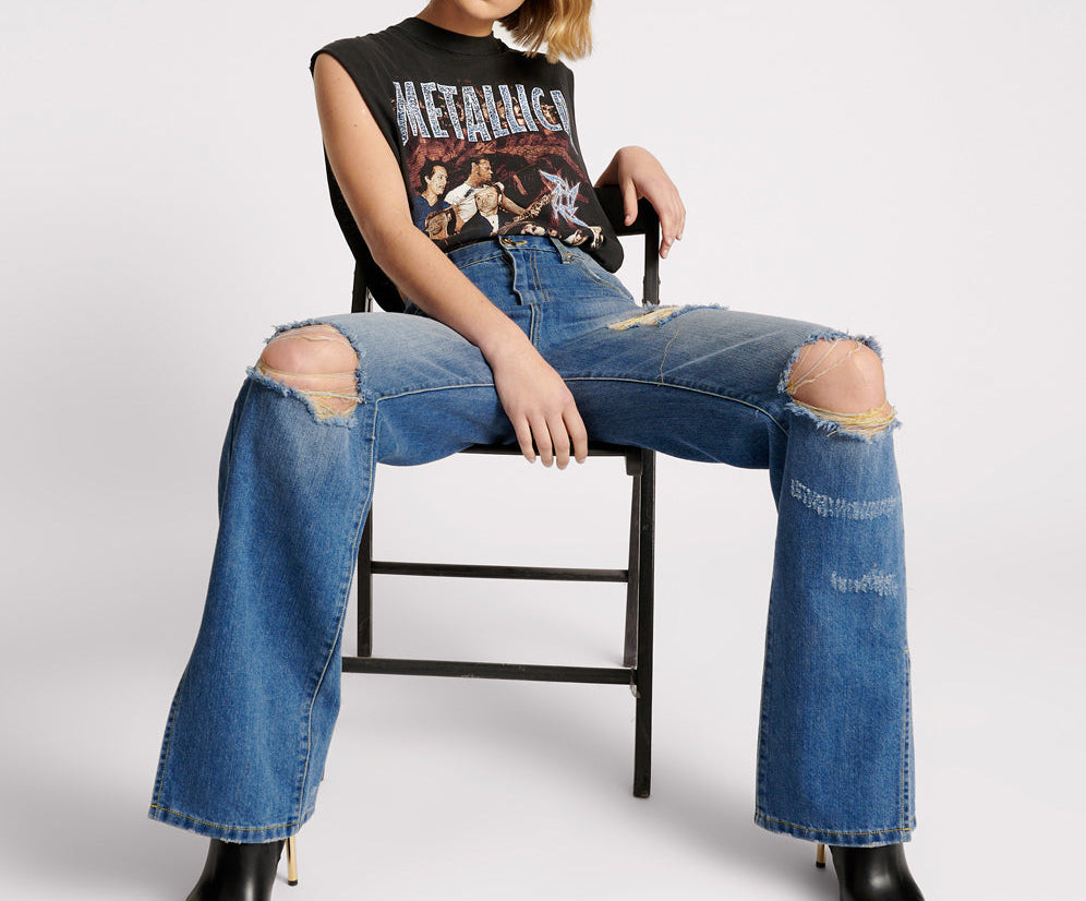 Billie Low Slung Straight Leg Mid Waist Denim Jeans - Shredded Gold