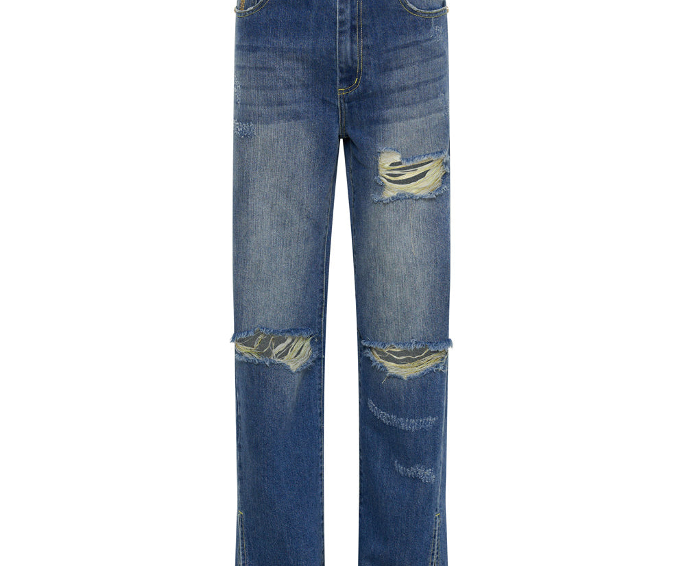 Billie Low Slung Straight Leg Mid Waist Denim Jeans - Shredded Gold