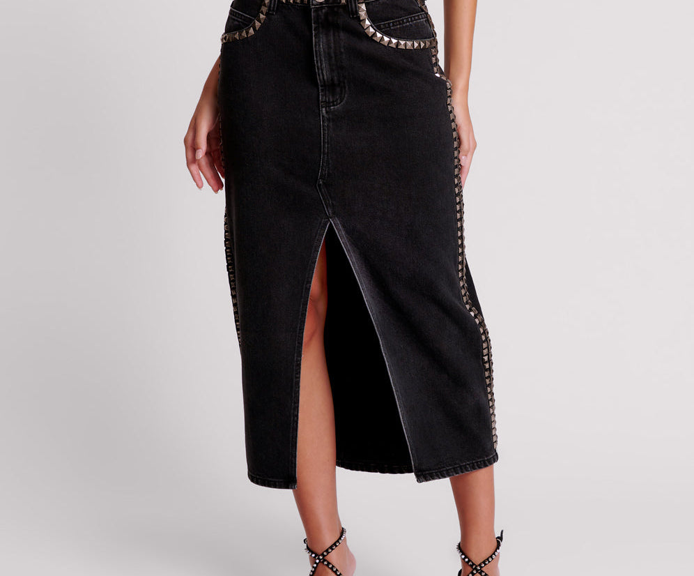 BLACK OAK STUDDED ROCKO LONG LENGTH DENIM SKIRT