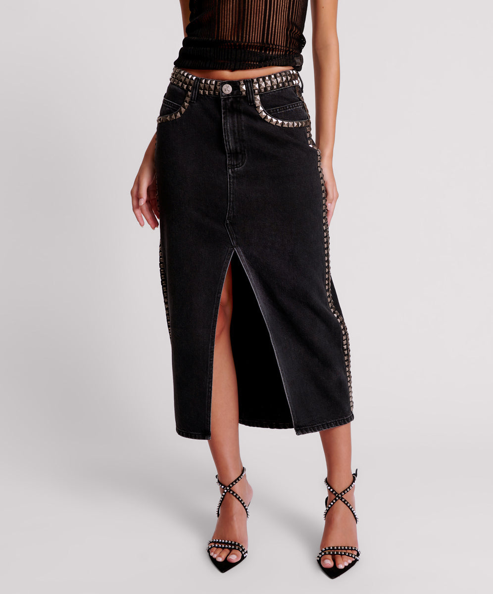 Outlet Sale Women's Denim Rocko Mid Waist Long Length Denim Skirt - Black Oak