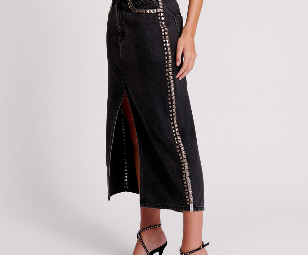 BLACK OAK STUDDED ROCKO LONG LENGTH DENIM SKIRT