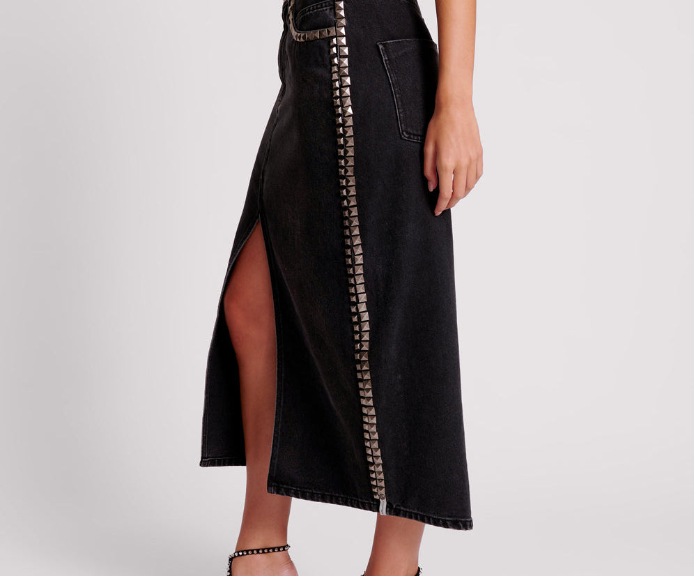 BLACK OAK STUDDED ROCKO LONG LENGTH DENIM SKIRT