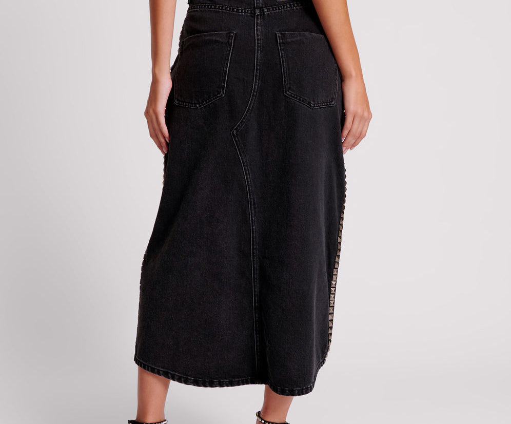 Rocko Mid Waist Long Length Denim Skirt - Black Oak