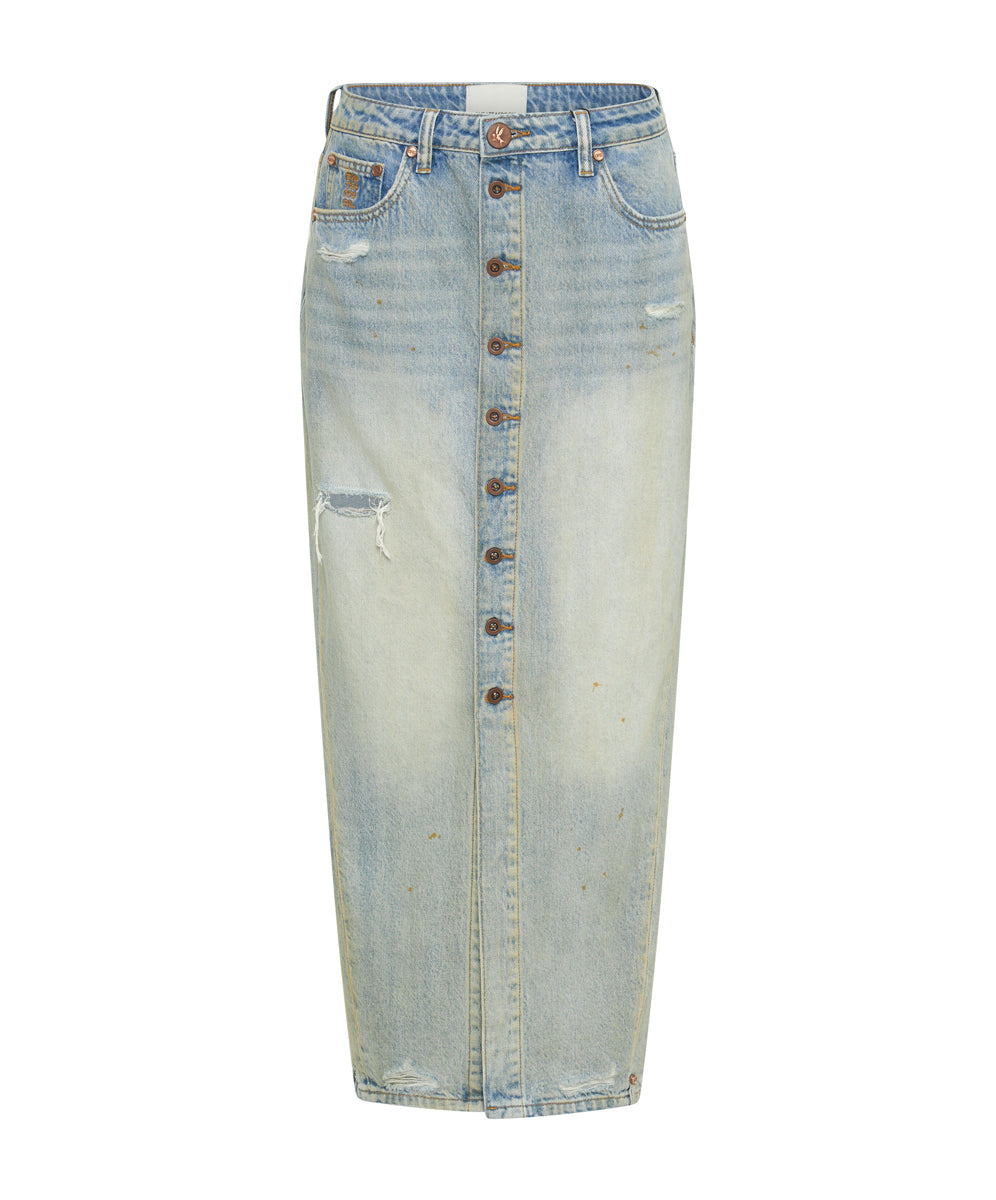 Patsy Low Waist Longline Maxi Denim Skirt - Dirty Kansas