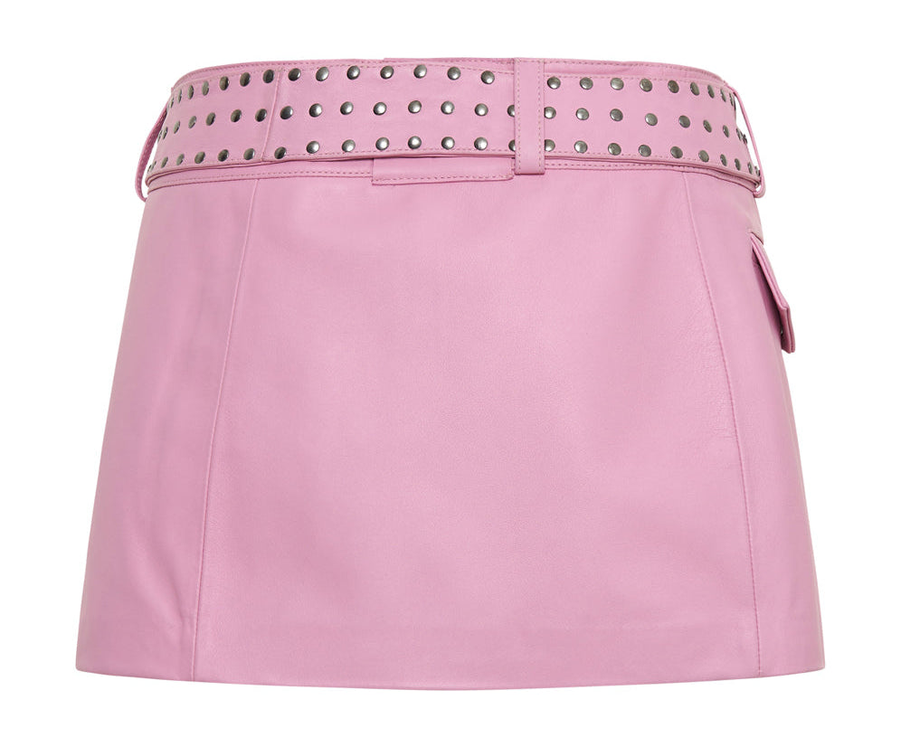 RIZZO PINK STUDDED LEATHER BELTED MINI SKIRT