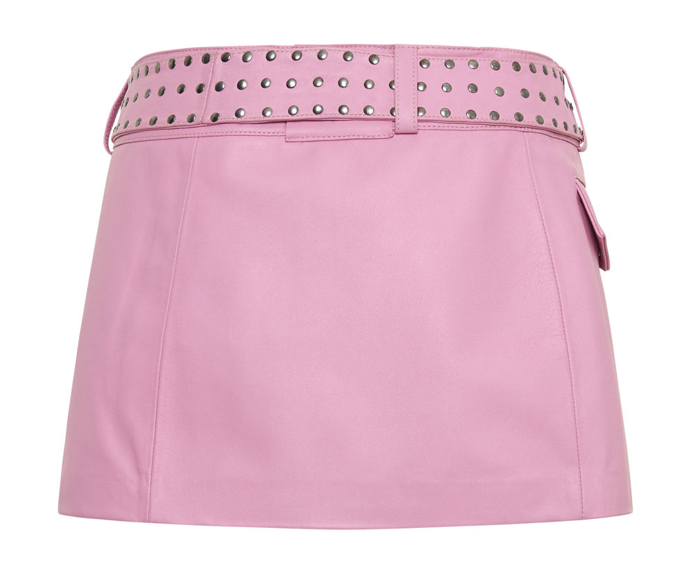 Rizzo Studded Leather Belted Mini Skirt - Pink
