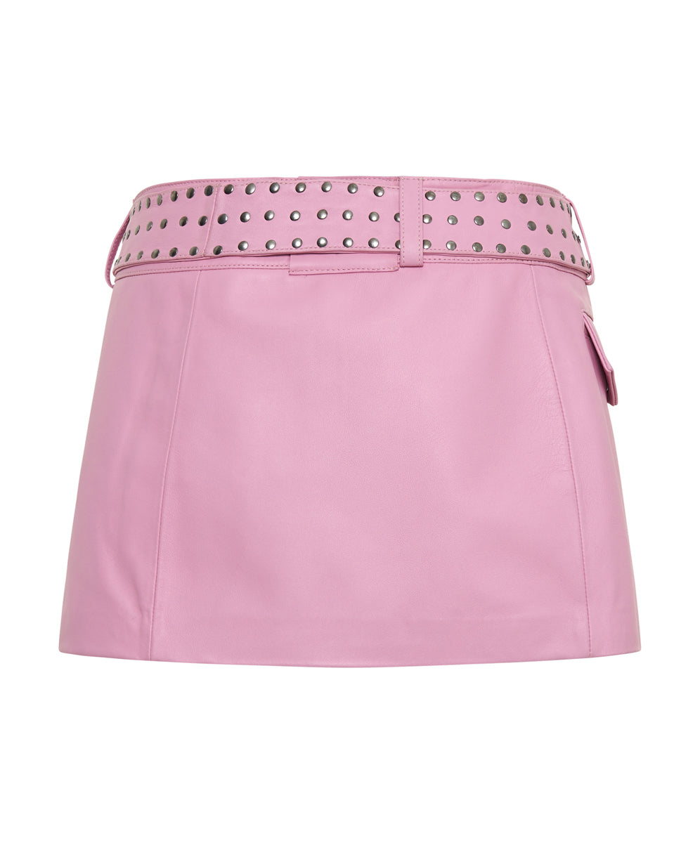 Products Rizzo Studded Leather Belted Mini Skirt - Pink