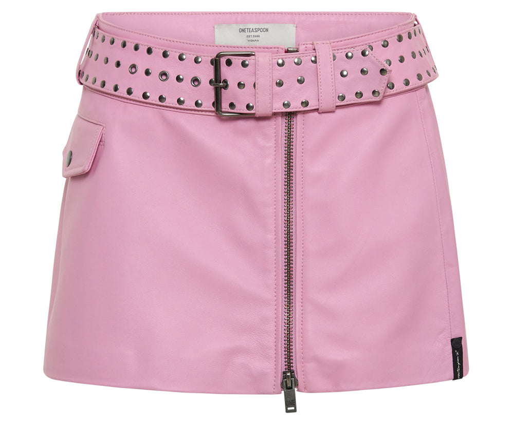 RIZZO PINK STUDDED LEATHER BELTED MINI SKIRT
