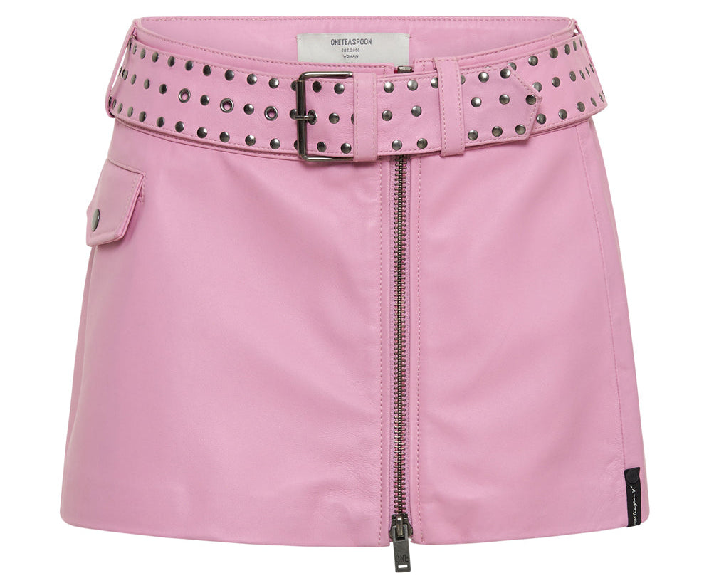 Rizzo Studded Leather Belted Mini Skirt - Pink