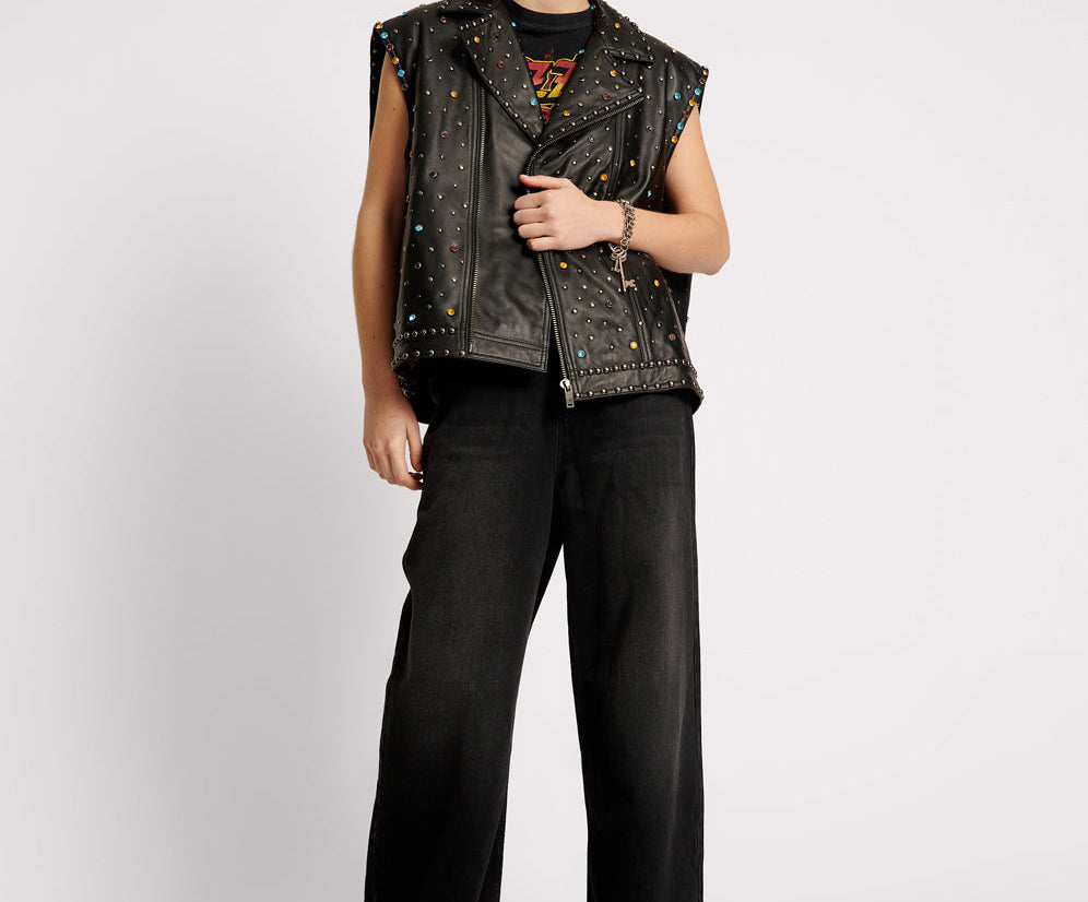 Studded Jewel Leather Eagle Punk Sleeveless Jacket