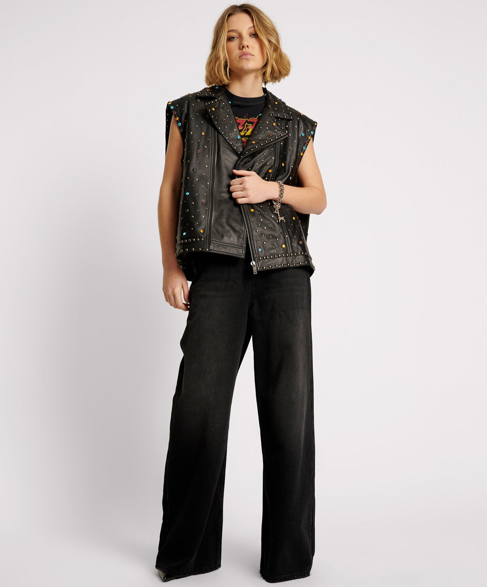 Products Studded Jewel Leather Eagle Punk Sleeveless Jacket - Black