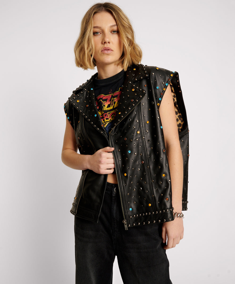 Studded Jewel Leather Eagle Punk Sleeveless Jacket Black